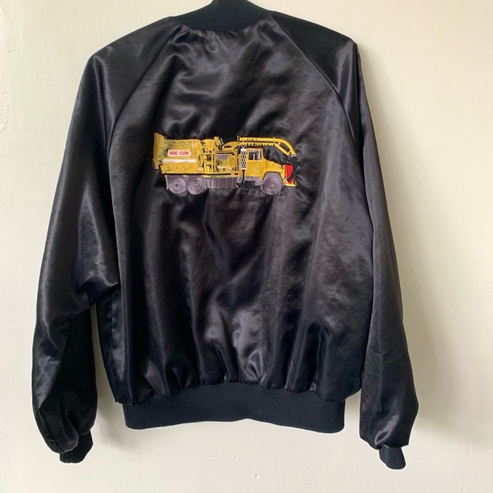 Vintage Trucker Truck Satin Bomber Jacket 1980's 80's Black Satin Bomber Jacket
